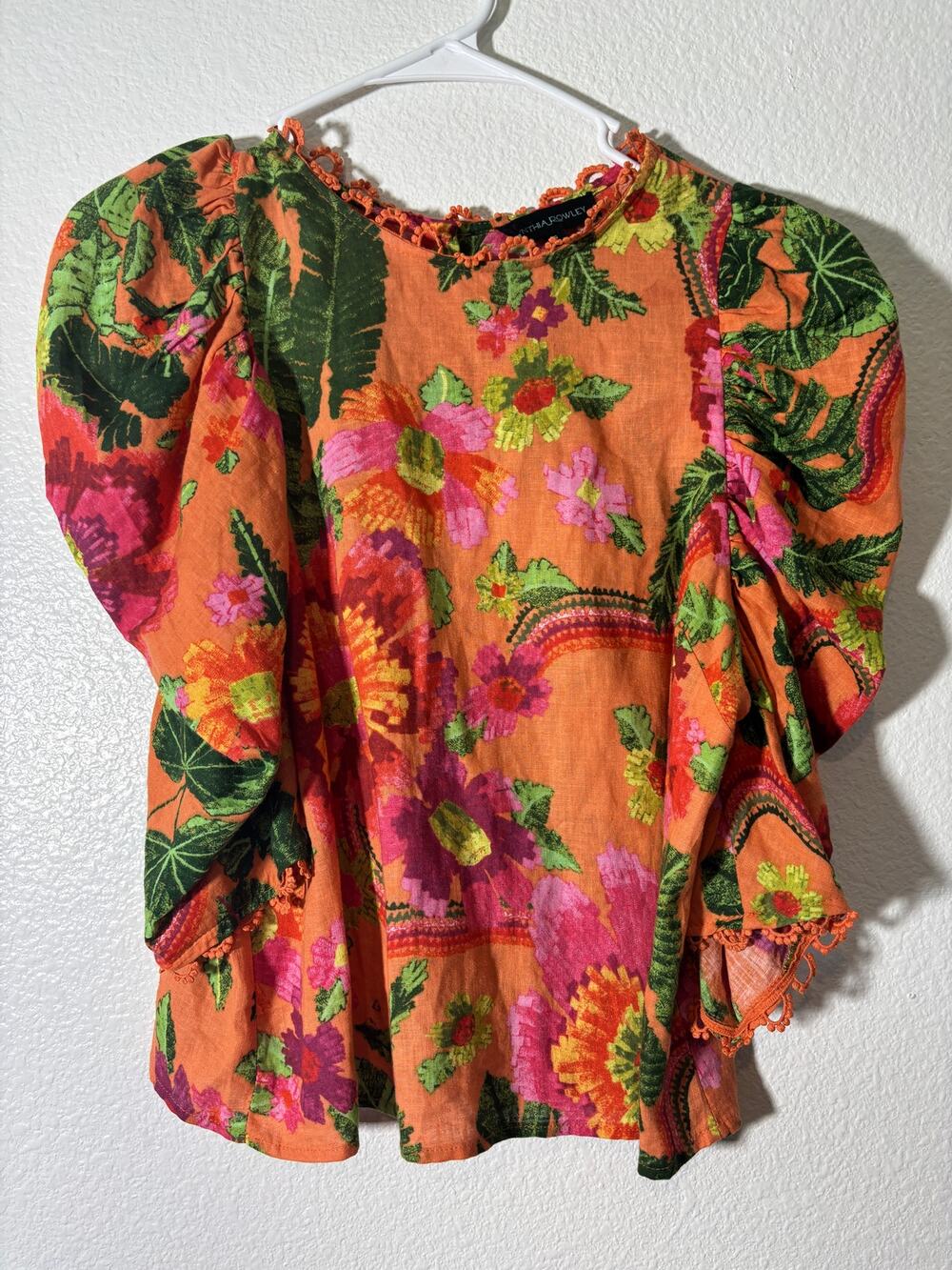 Cynthia Rowley Size S Tropical Vibrant Orange Floral Puff Sleeve Cropped Top